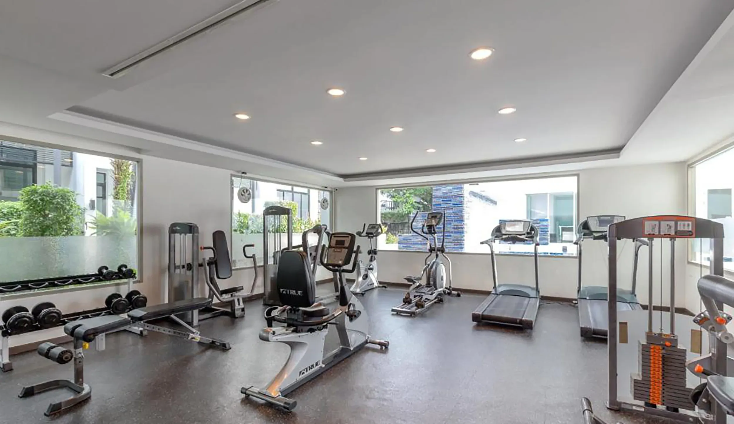 Fitness centre equipped with modern cardio machines and weight-training gear